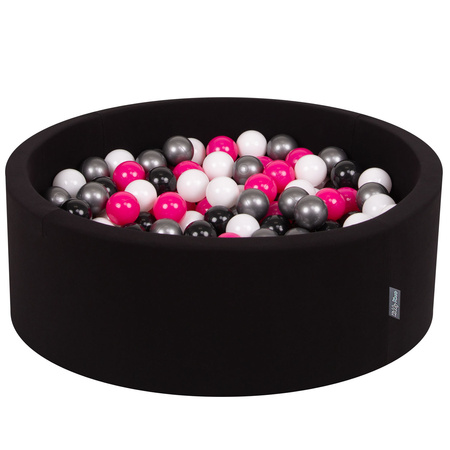 KiddyMoon Bällebad Bällepool mit bunten Bällen ∅ 7Cm  für Babys Kinder Rund, schwarz:weiß/schwarz/silbern/dunkelpink, 90x30cm/300 Bälle