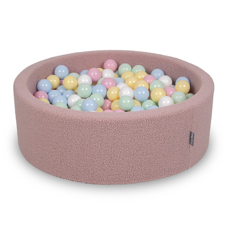 KiddyMoon Bällebad für Baby mit Teddy-Plüsch, Größere 7 cm Bälle für Eine Vollere Füllung, ab 8 Monaten, Abnehmbarer Bezug, Rosa: Pastellblau/Pastellgelb/Weiß/Mint/Puderrosa, 90 x 30 cm 200 Bälle