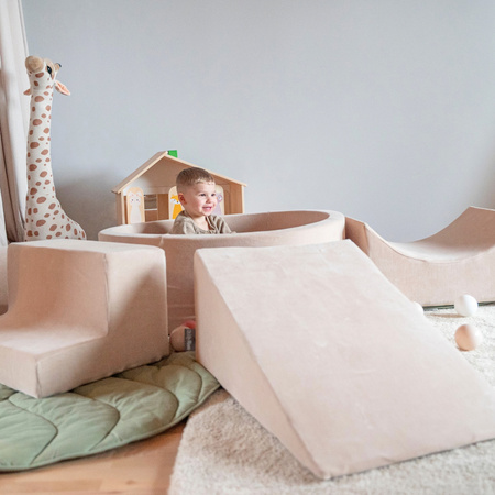KiddyMoon Spielplatz Velvet Aus Schaumstoff Mit Samt Rund Bällebad Ballgruben Für Babys Spielbad Hindernisläufen, Hergestellt In Der EU, beż piasku: ciemny turkus-pastelowy beż-zielonoszary-łososiowy