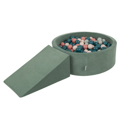 KiddyMoon Spielplatz Velvet  Aus Schaumstoff Mit Samt Rund Bällebad Ballgruben Für Babys Spielbad Hindernisläufen, Hergestellt In Der EU, waldgrün: dunkeltürkis/pastellbeige/grüngrau/lachsfarben, Bällebad (200 Bälle) + Zwickel