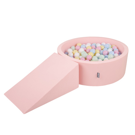 KiddyMoon Spielplatz aus Schaumstoff mit Bällebad und Bällen Hindernisläufen, pink:pastellblau/pastellgelb/weiß/minze/puderrosa, Bällebad (100 Bälle) + Zwickel
