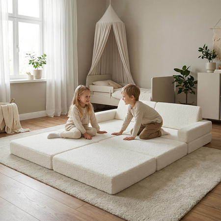 KiddyMoon Kindersofa aus Schaumstoff mit Teddy-Plüsch, modular und klappbar, zum Spielen, Lesen und Entspannen, cremig, Kindersofa