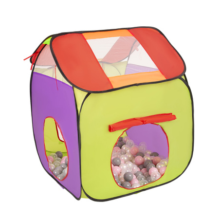 3in1 Spielzelt mit Tunnel Spielplatz PopUp Bällebad mit Bälle Für Kinder, Mehrfarbig:perle/grau/transparent/puderrosa, 100 Bälle