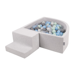 KiddyMoon Spielplatz Schaumstoff mit Viertel Eckig Bällebad Bälle Hindernisläufe, hellgrau:perle/grau/transparent/babyblue/minze, Bällebad (100 Bälle) + Stüfchen