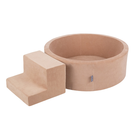 KiddyMoon Spielplatz Velvet Aus Schaumstoff Mit Samt Rund Bällebad Ballgruben Für Babys Spielbad Hindernisläufen, Hergestellt In Der EU, wüstenrosa: pastellbeige/grau/weiß, Bällebad (100 Bälle) + Stüfchen