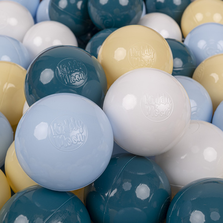 KiddyMoon Kinder Bälle für Bällebad Baby Spielbälle Plastikbälle ∅7cm Made in EU, dunkeltürkis/pastellblau/pastellgelb/weiß, 300 Bälle/7cm