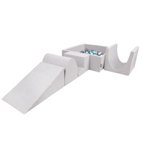 KiddyMoon Spielplatz aus Schaumstoff mit Quadrat Bällebad Bälle Hindernisläufen, hellgrau:grau/weiß/türkis, Bällebad (200 Bälle) + Version 3