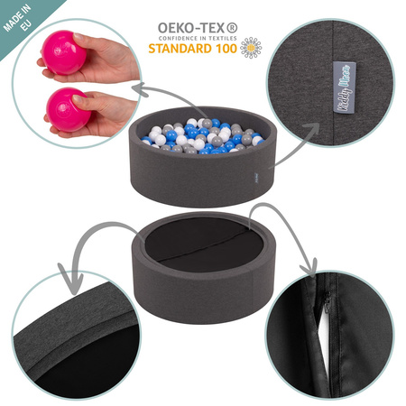 KiddyMoon Bällebad Bällepool mit bunten Bällen ∅ 7Cm  für Babys Kinder Rund, dunkelgrau:schwarz/grau/perle, 90x30cm/300 Bälle