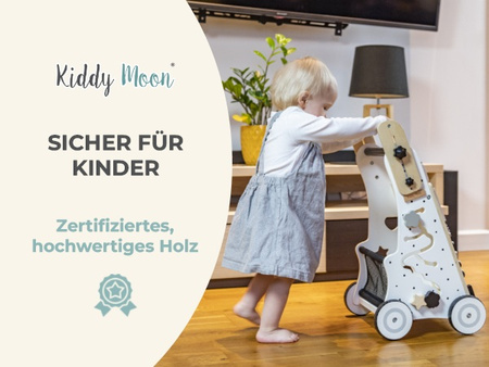 KiddyMoon Lauflernwagen aus Holz für Babys und Kleinkinder, Lauflernhilfe WK-001 Schwarz - Weiß, Griff Verstellbar