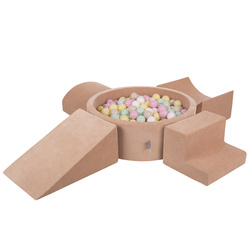 KiddyMoon Spielplatz Velvet Aus Schaumstoff Mit Samt Rund Bällebad Ballgruben Für Babys Spielbad Hindernisläufen, Hergestellt In Der EU, wüstenrosa: pastellbeige/pastellgelb/weiß/minze/puderrosa, Bällebad (200 Bälle) + Version 5