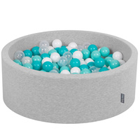 KiddyMoon Bällebad Bällepool mit bunten Bällen ∅ 7Cm  für Babys Kinder Rund, hellgrau:helltürkis/weiß/transparent/türkis, 90 x 30 cm 200 Bälle