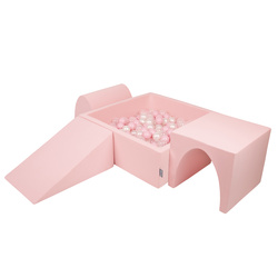 KiddyMoon Spielplatz aus Schaumstoff mit Quadrat Bällebad Bälle Hindernisläufen, pink:puderrosa/perle/transparent, Bällebad (200 Bälle) + Version 2