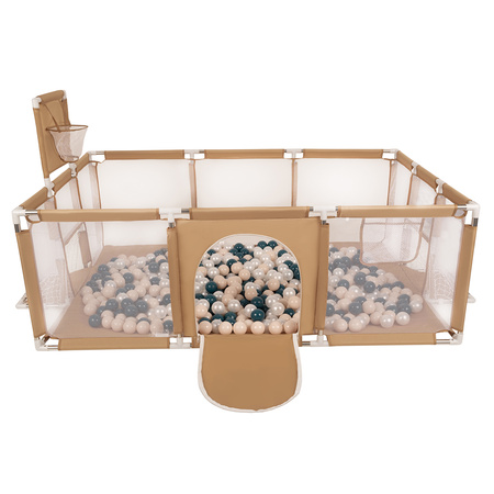 Laufstall Baby Großer Spielplatz mit Bällen Laufgitter für Kinder, beige:dunkeltürkis/pastellbeige/perle, 100 Bälle