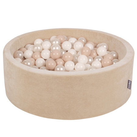 KiddyMoon Rundes Bällebad Schaumstoff Velvet Sensorik Spielzeug, Sandbeige: Pastellbeige/Weiß/Perle, 90 x 30 cm 200 Bälle