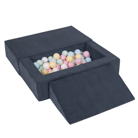 KiddyMoon Kindersofa Modular mit Weichem Zwickel und Bällen Für Kinderzimmer Bequem Vielseitig Gerippter Stoff Abnehmbarer Bezug Perfekt zum Spielen und Entspannen, dunkelblau: pastellblau/pastellgelb/weiß/minze/puderrosa, Sofa/Zwickel + 100 Bälle