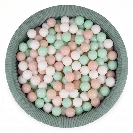 KiddyMoon Bällebad für Kinder aus Schaumstoff, weicher Rippbezug, abnehmbarer Bezug, waschbar, Grün: Pastellbeige/Weiß/Minze, 90 x 30 cm 200 Bälle