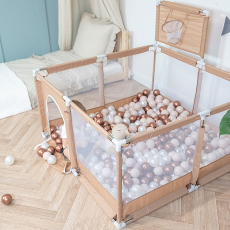Laufstall mit Korb und Bällen Laufgitter für Kinder, beige:weiß/gelb/orange/babyblau/türkis, 200 Bälle