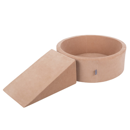 KiddyMoon Spielplatz Velvet  Aus Schaumstoff Mit Samt Rund Bällebad Ballgruben Für Babys Spielbad Hindernisläufen, Hergestellt In Der EU, wüstenrosa: pastellbeige/lachsfarben/weiß, Bällebad (100 Bälle) + Zwickel