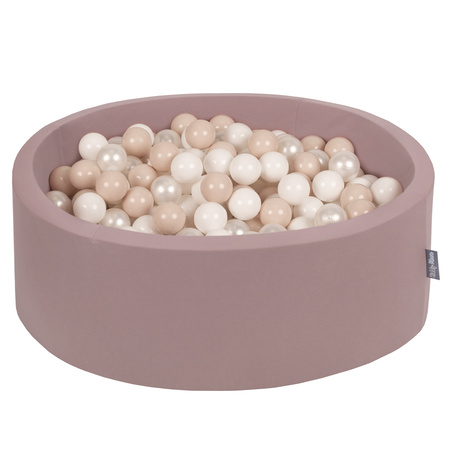 KiddyMoon Rundes Bällebad mit Bällen für Baby aus Schaumstoff, erikafarben: pastellbeige/weiß/perle, 90 x 30 cm 200 Bälle