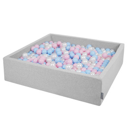 KiddyMoon Quadrat Bällebad Bällepool ∅ 7Cm Eckig Ballgruben Für Babys Spielbad Kleinkinder, Hergestellt in der EU, hellgrau:babyblau-puderrosa-perle, 120x30cm/200 Bälle