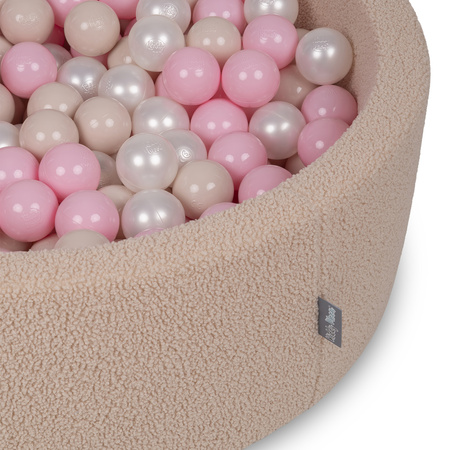 KiddyMoon Bällebad für Baby mit Teddy-Plüsch, Größere 7 cm Bälle für Eine Vollere Füllung, ab 8 Monaten, Abnehmbarer Bezug, Beige: Pastellbeige/Puderrosa/Perle, 90 x 30 cm 200 Bälle