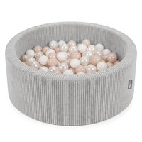 KiddyMoon Bällebad für Kinder aus Schaumstoff, weicher Rippbezug, abnehmbarer Bezug, waschbar, Hellgrau: Pastellbeige/Weiß/Perle, 90 x 30 cm 200 Bälle