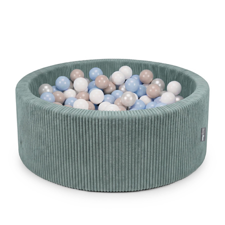 KiddyMoon Bällebad für Kinder aus Schaumstoff, weicher Rippbezug, abnehmbarer Bezug, waschbar, Grün: Pastellbeige/Pastellblau/Weiß/Perle, 90 x 30 cm 200 Bälle