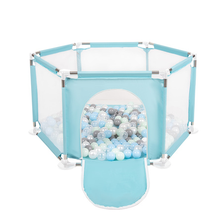 Sechseckiger Laufstall mit Bällen Laufgitter für Kinder, Minze:perle/grau/transparent/babyblau/minze, 100 Bälle