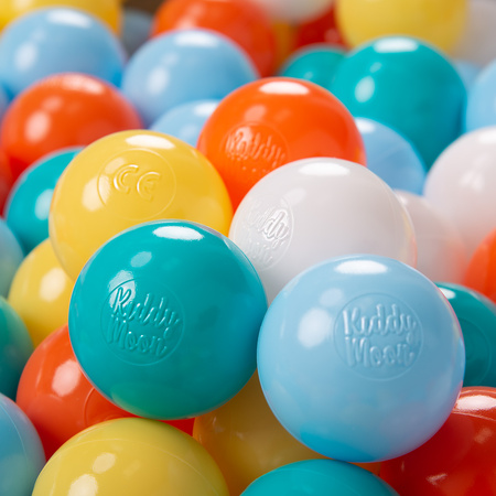 KiddyMoon Kinder Bälle für Bällebad Baby Plastikbälle Spielbälle ∅6cm Made in EU, weiß/gelb/orange/baby blau/türkis, 200 Bälle/6cm