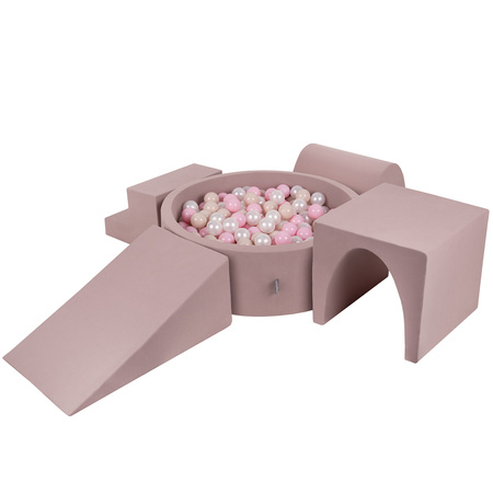 KiddyMoon Spielplatz aus Schaumstoff mit Bällebad und Bällen Hindernisläufen, erikafarben:pastellbeige/puderrosa/perle, Bällebad (300 Bälle) + Version 3