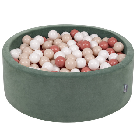 KiddyMoon Rund Bällebad Velvet Bällepool ∅ 7Cm Ballgruben Für Babys Spielbad Kleinkinder, Hergestellt in der EU, waldgrün: pastellbeige/lachsfarben/weiß, 90 x 30 cm 300 Bälle