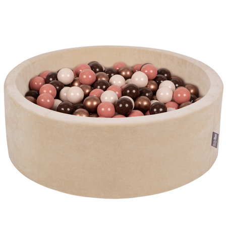 KiddyMoon Rundes Bällebad Schaumstoff Velvet Sensorik Spielzeug, Sandbeige: Braun/Kupfer/Pastellbeige/Lachs, 90 x 30 cm 300 Bälle