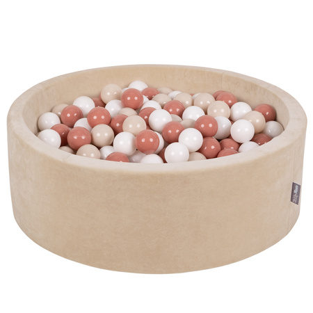 KiddyMoon Rundes Bällebad Schaumstoff Velvet Sensorik Spielzeug, Sandbeige: Pastellbeige/Lachsfarben/Weiß, 90 x 30 cm 200 Bälle