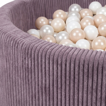 KiddyMoon Bällebad für Kinder aus Schaumstoff, weicher Rippbezug, abnehmbarer Bezug, waschbar, Violett: Pastellbeige/Weiß/Perle, 90 x 30 cm 200 Bälle