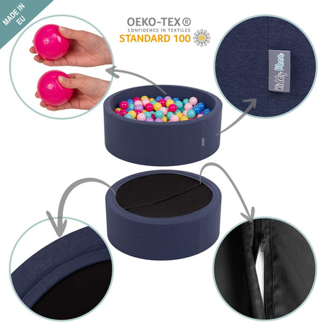 KiddyMoon Rund Bällebad Bällepool ∅ 7Cm Ballgruben Bunten Bällen Für Babys Spielbad Kleinkinder, Hergestellt in der EU, dunkelblau:perle/grau/transparent/babyblau/mint, 120x30cm/600 Bälle