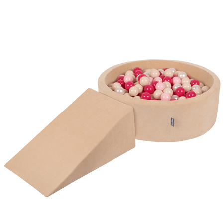 KiddyMoon Spielplatz Velvet  Aus Schaumstoff Mit Samt Rund Bällebad Ballgruben Für Babys Spielbad Hindernisläufen, Hergestellt In Der EU, sandbeige:pastellbeige/puderrosa/perle/dunkelpink, Bällebad (200 Bälle) + Zwickel