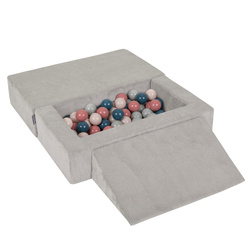 KiddyMoon Kindersofa Modular mit Weichem Zwickel und Bällen Für Kinderzimmer Bequem Vielseitig Gerippter Stoff Abnehmbarer Bezug Perfekt zum Spielen und Entspannen, hellgrau: dunkeltürkis/pastellbeige/grüngrau/lachsfarben, Sofa/Zwickel + 100 Bälle