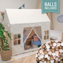 KiddyMoon Spielhaus Kinderzelt Für Kinder Kinderhaus Faltbares Design Kinder Spielzelt Indoor Kreativität Kuschelecke Kinderzelt Perfekt Für Drinnen Und Draußen Kinderzimmer, Naturfarbe:pastellbeige/weiß/gold, 400 Bälle