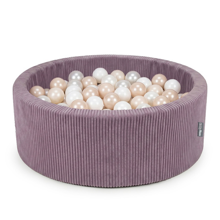 KiddyMoon Bällebad für Kinder aus Schaumstoff, weicher Rippbezug, abnehmbarer Bezug, waschbar, Violett: Pastellbeige/Weiß/Perle, 90 x 30 cm 200 Bälle