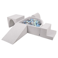 KiddyMoon Spielplatz Schaumstoff mit Viertel Eckig Bällebad Bälle Hindernisläufe, hellgrau:perle/grau/transparent/babyblue/minze, Bällebad (300 Bälle) + Version 3