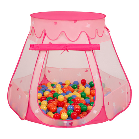 Baby Spielzelt Mit Plastikbällen Für Kinder Leicht und Kompakt ideal für Drinnen Und Draußen Fördert Sensorische Integration Schneller Aufbau, pink:gelb-grün-blau-rot-orange, 100 Bällen