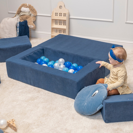 KiddyMoon Kindersofa und Bällen Für Kinder Weiches Schaumstoff-Sofa Leich Modulares Sofa Vielseitig Abnehmbarer Bezug Perfekt für Spiel Lernen und Entspannung, dunkelblau: pastellblau/pastellgelb/grau, Sofa + 100 Bälle