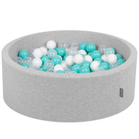 KiddyMoon Bällebad Bällepool mit bunten Bällen ∅ 7Cm  für Babys Kinder Rund, hellgrau:helltürkis/weiß/transparent, 90 x 30 cm 300 Bälle