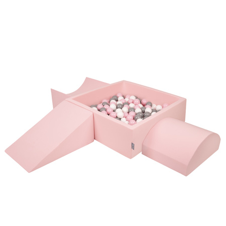 KiddyMoon Spielplatz aus Schaumstoff mit Quadrat Bällebad Bälle Hindernisläufen, pink:weiß/grau/puderrosa, Bällebad (300 Bälle) + Version 4