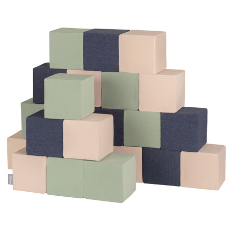 KiddyMoon Schaumstoff Würfel für Baby Weiche Blöcke Schaum Spielzeug Montessori-Spielzeug mit Schaum und viel Spaß für Kinder, Blöcke: dunkelblau-beige-salbeifarben, 24 Stücke