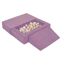 KiddyMoon Kindersofa Modular mit Weichem Zwickel und Bällen Für Kinderzimmer Bequem Vielseitig Gerippter Stoff Abnehmbarer Bezug Perfekt zum Spielen und Entspannen, violett: pastellbeige/pastellgelb/weiß/mint/puderrosa, Sofa/Zwickel + 100 Bälle