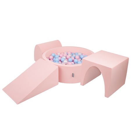 KiddyMoon Spielplatz aus Schaumstoff mit Bällebad und Bällen Hindernisläufen, pink:babyblue/puderrosa/perle, Bällebad (200 Bälle) + Version 2