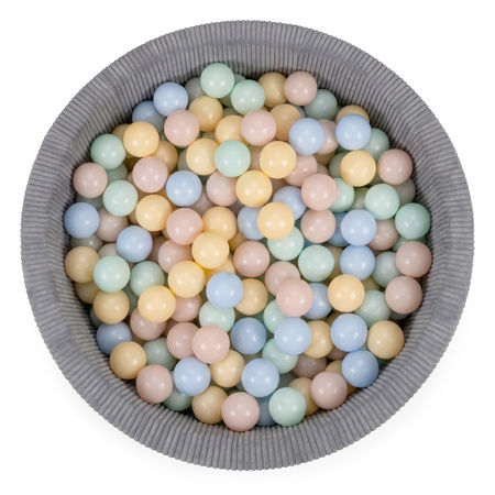 KiddyMoon Bällebad Kinder Schaumstoff rund 90 x 30 cm, Bällepool Baby ab 8 Monaten, strukturierter Rippbezug, stabile 5 cm Wände, Dunkelgrau: Pastellbeige/Pastellblau/Pastellgelb/Minze, 90 x 30 cm 200 Bälle