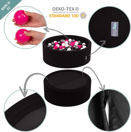 KiddyMoon Bällebad Bällepool mit bunten Bällen ∅ 7Cm  für Babys Kinder Rund, Tukan:schwarz/weiß/orange/gelb, 90x30cm/300 Bälle