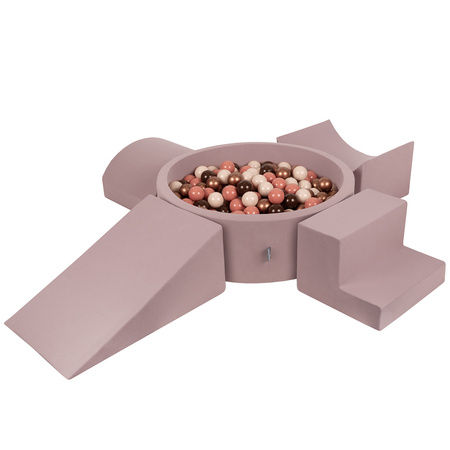 KiddyMoon Spielplatz aus Schaumstoff mit Bällebad und Bällen Hindernisläufen, erikafarben:braun/kupferrot/pastellbeige/lachsfarben, Bällebad (300 Bälle) + Version 5